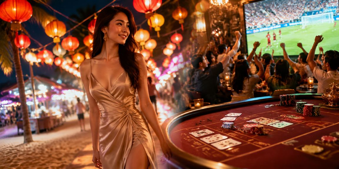 Không khí chợ đêm Mũi Né với người chơi tham gia Baccarat trong không gian giải trí thoải mái